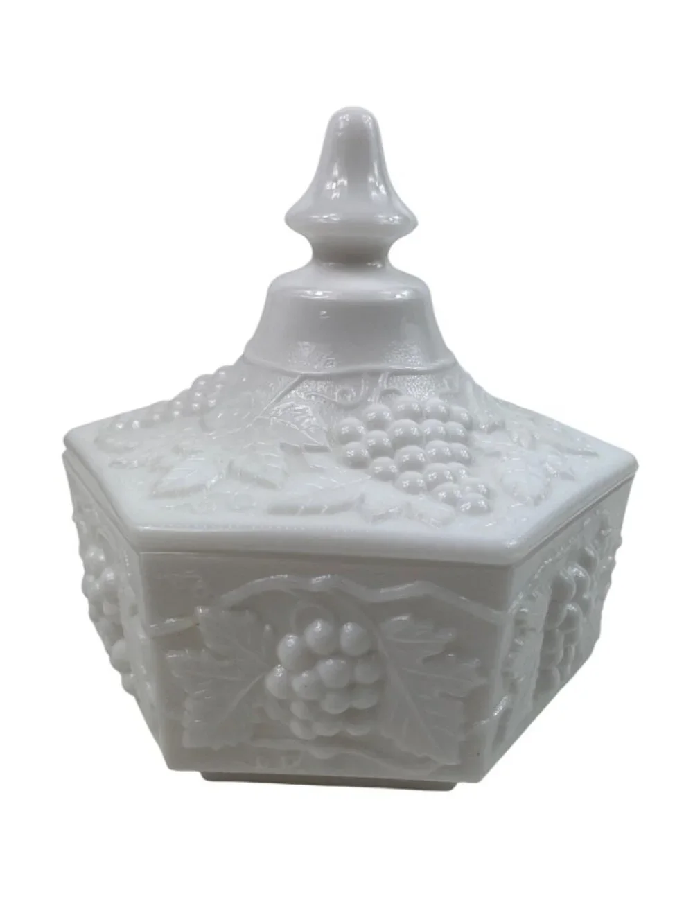 Vintage Imperial Milk Glass 6 Paneled Candy Dish Grapevine Design w/ Lid